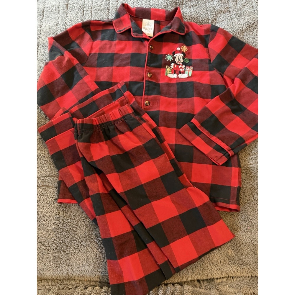 Disney‎ Mickey Mouse Christmas Pajamas 2 Piece Plaid Flannel Unisex Child 9/10